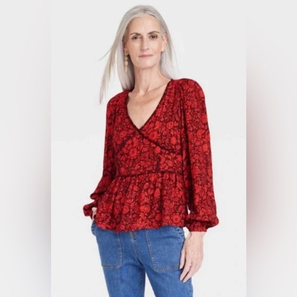 Knox Rose Women’s Long Sleeve Embroidered Blouse red floral NWOT 2X